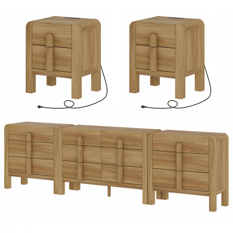 Ensemble de chambre à coucher, commode en bois et ensemble de table de chevet 5 pièces Adora, Noyer