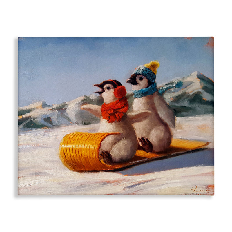 «Toboggan Sleigh Ride Penguins», toile par Lucia Heffernan, H 16 po x l 20 po