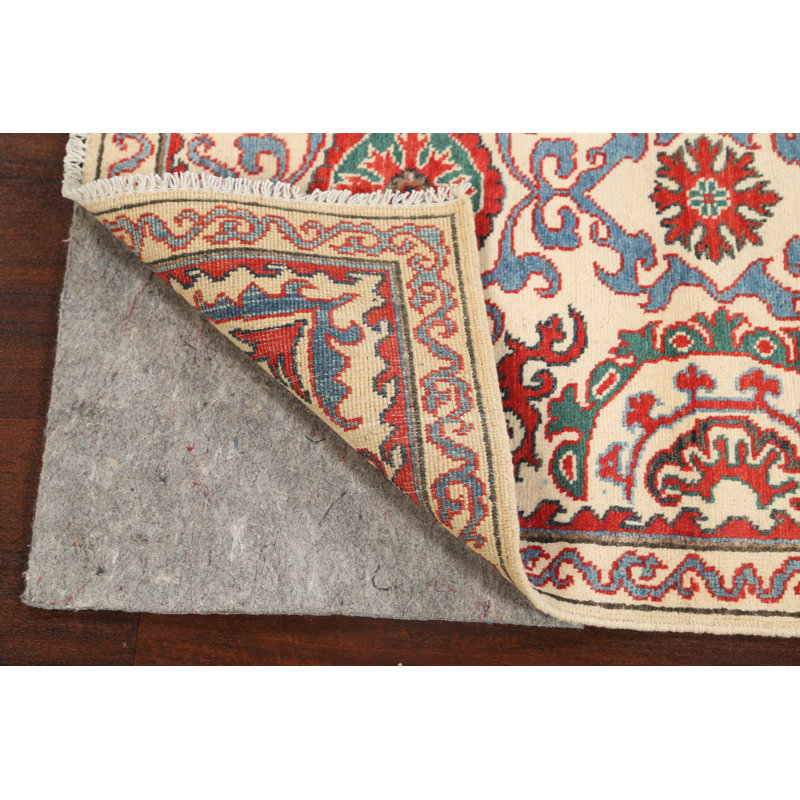 Tapis rouge / beige / bleu en laine noué à la main à motif géométrique 2 pi 8 po x 4 pi