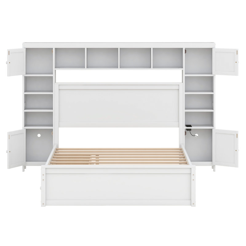 Lit en bois Shoso avec armoire, tablette et prises tout-en-un, Blanc, Grand lit