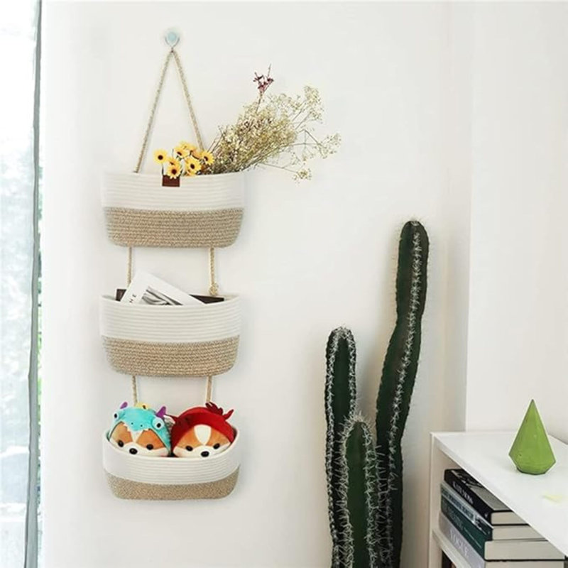 Over The Door Hanging Basket, 3-Tier Woven Cotton Wall-Mounted Storage Organizer Bag Decorative Hanging Kitchen Baskets - White + Jute