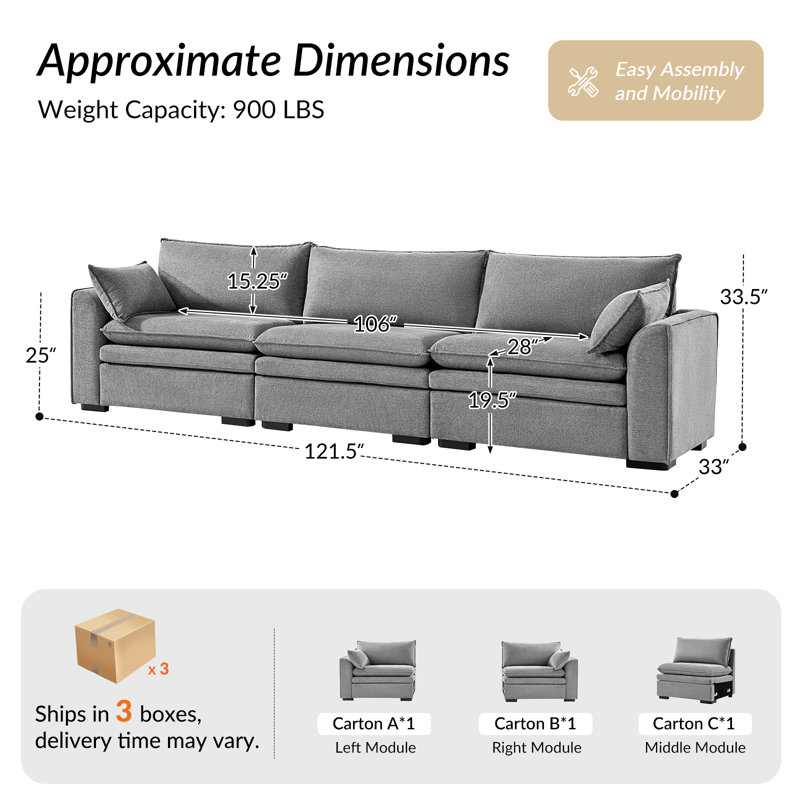 Wolff Modern 121" 3-Piece Oversized Modular Sofa with Double-Cushion, Gray