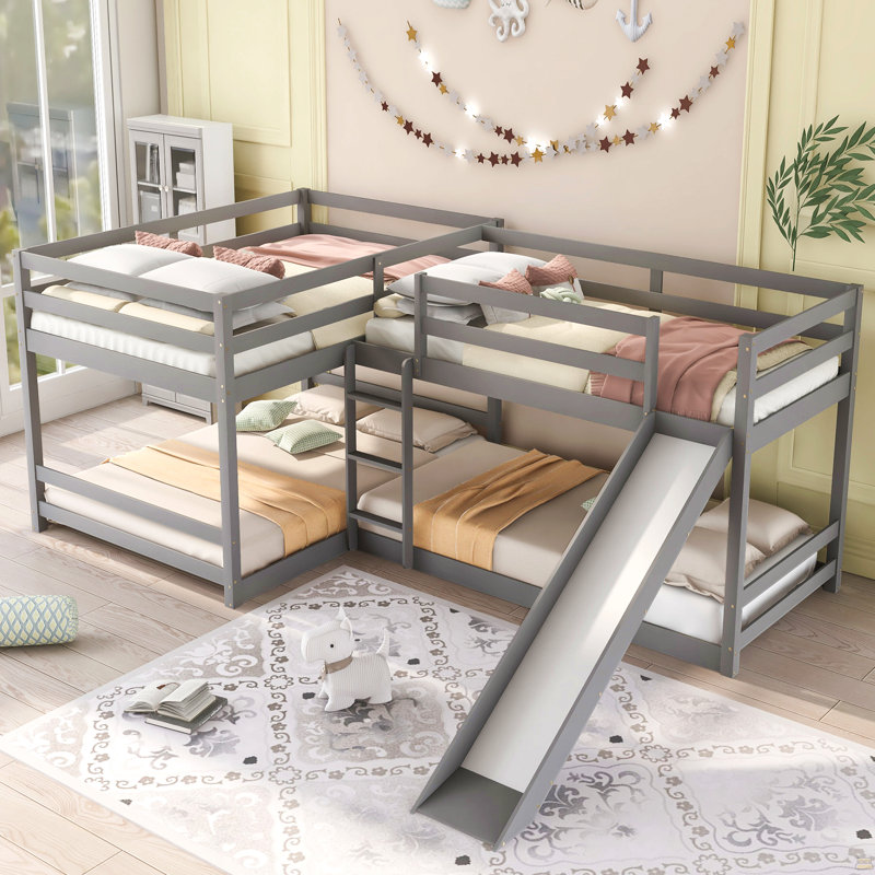 Lit superposé en L pour lit double et simple avec glissière et échelle courte