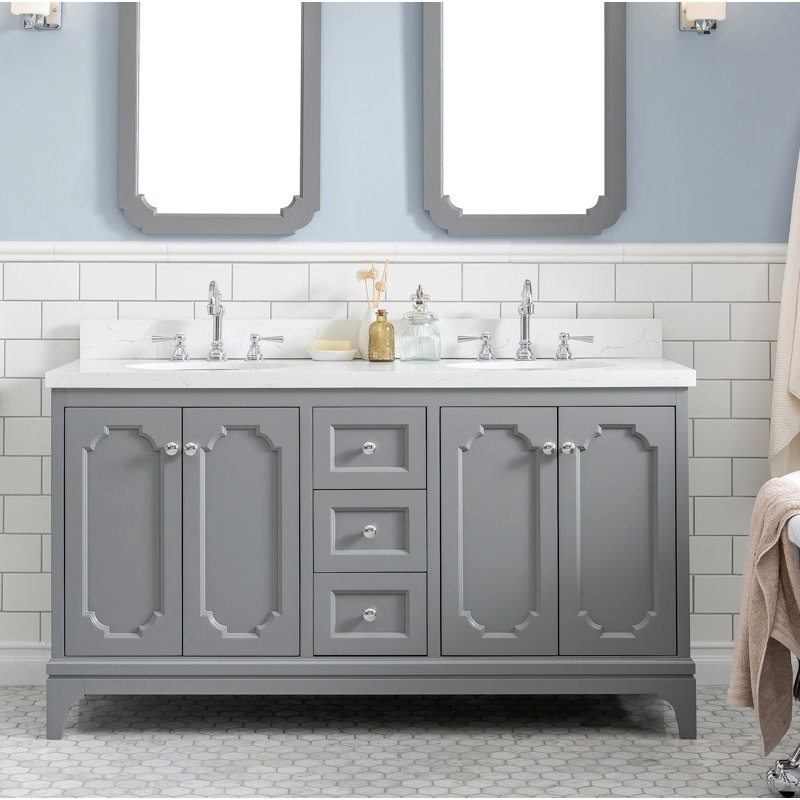 Bernardo Queen 72" Sink Carrara Quartz Countertop Bath Vanity with Faucet, Cashmere Grey, Hook, 60"