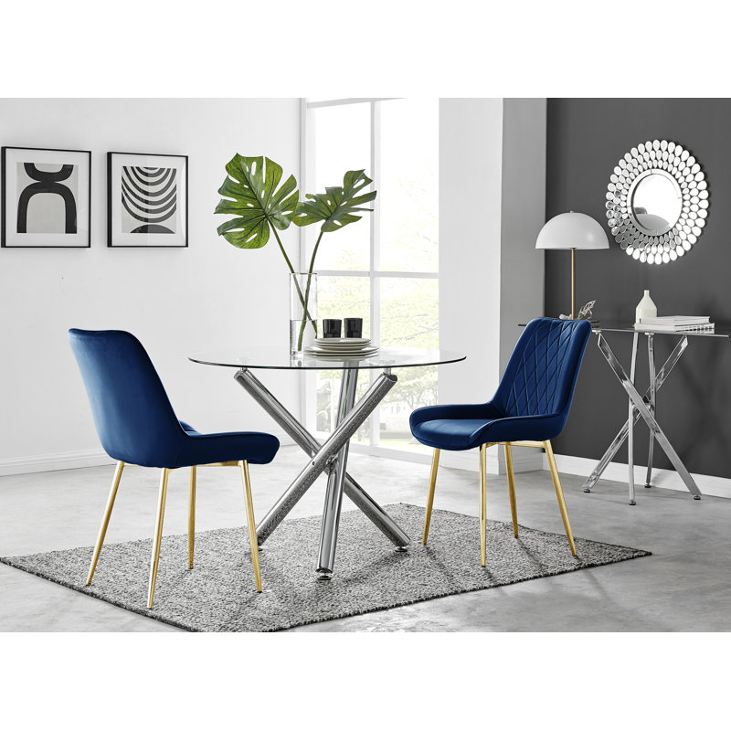 Seline Modern Round Dining Table Set in Glass and Chrome with 2 Luxury Velvet Leather Chairs, Navy/Gold