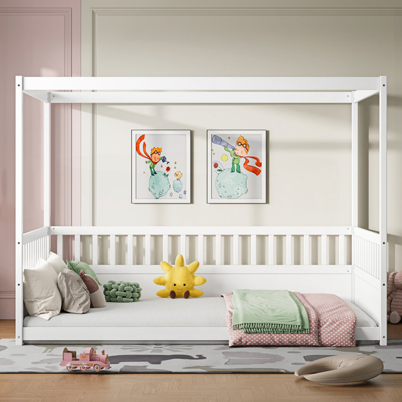 Wood Canopy Bed Frame, White, Full / Double