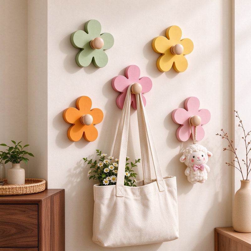 5 Pack Daisy Shape Wooden Wall Hooks, Decorative Wall Mount Hangers, Multi Color