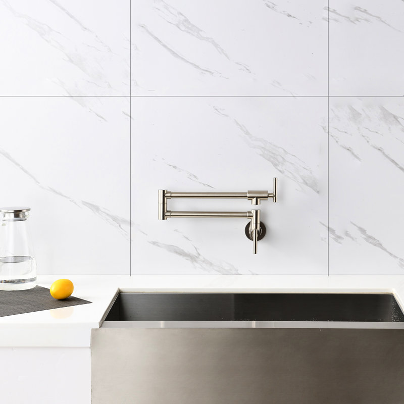 Wall Mount Folding Pot Filler Faucet In Brushed Nickel - Double Handles For Accurate Water Supply, And Fingerprint- Surface, Quiet Steady Flow With Aerator Design Arm Hassle- Filling, Regulation,