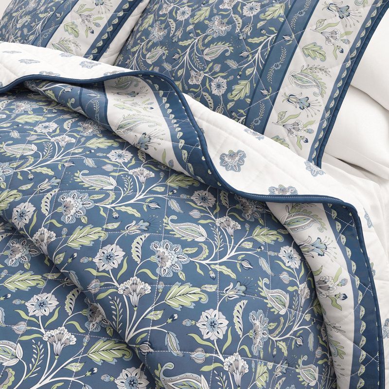 Ensemble de courtepointe à bordure florale en coton, Motif floral bleu, Courtepointe très grand et 2 très grandes taies 