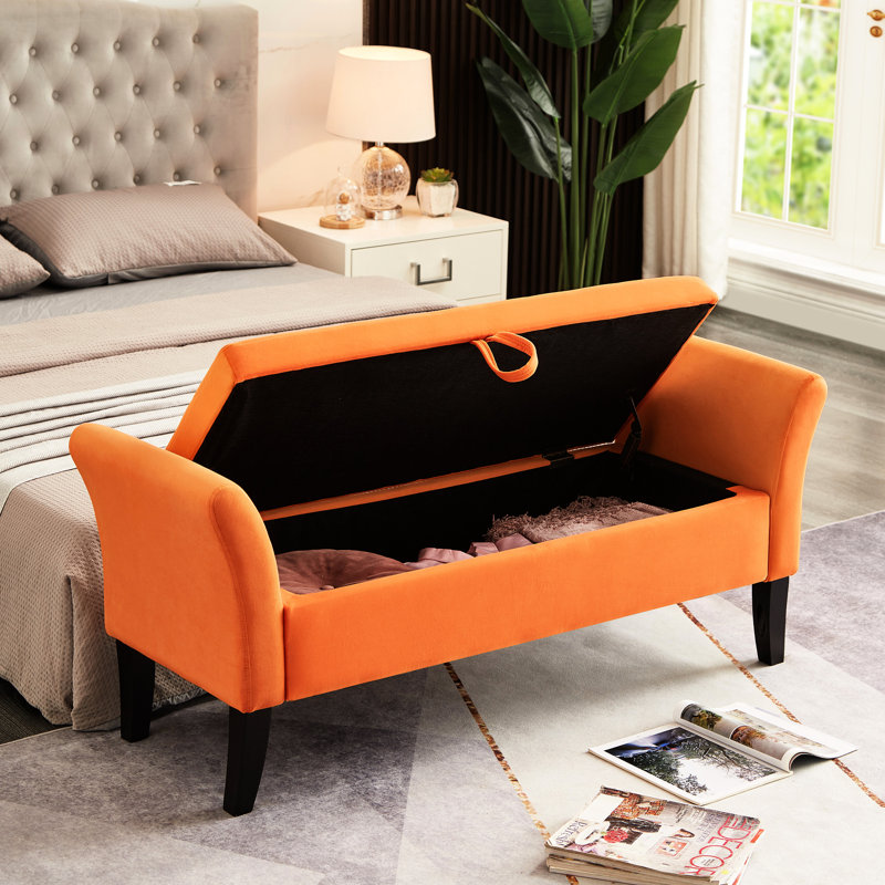Banc de rangement 51,5 po en velours orange avec rangement pratique et élégant, Orange