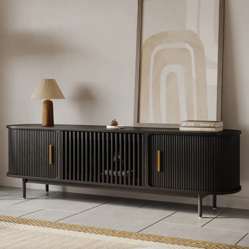 Meuble télé Mid-Century moderne, entièrement assemblé, H 21,25 po x L 70,87 po x l 15,75 po, Noir