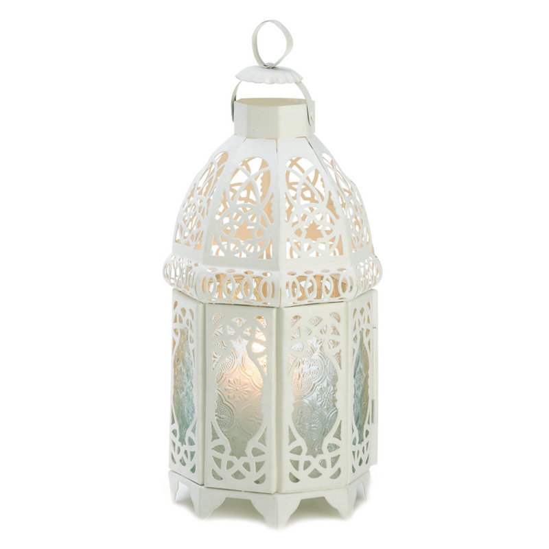 White Lattice Candle Lantern | Geometric Metal Patio Decor, White