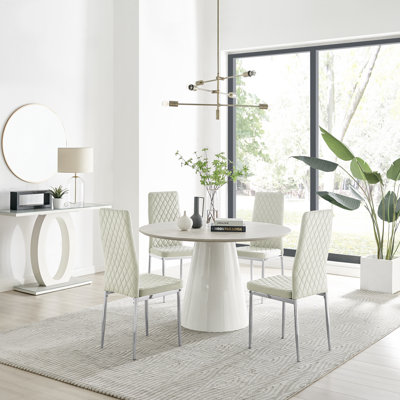 Edzard Statement 4 Person Round Dining Table Set in Luxury Stone Effect - Velvet Dining Chairs