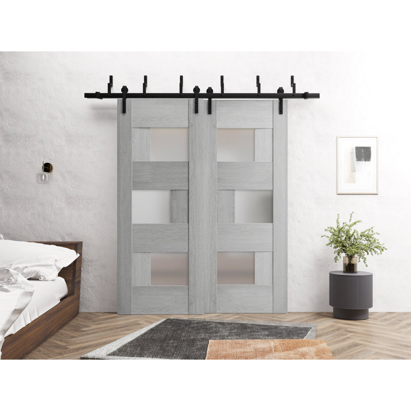 Portes coulissantes de style grange avec verre dépoli, ensemble 6933, chêne gris pâle, rails robustes de 2 m, quincaillerie, portes de placard de chambre en bois massif - 91 x 213 cm (2 x 46 x 213 cm)