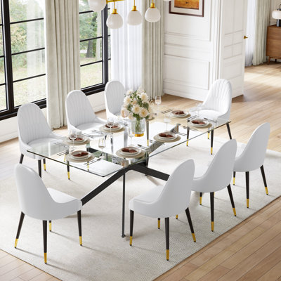 78.7" Modern Dining Table Set For 8, 12mm Tempered Glass Table With 8 Faux Leather Upholstered Chairs, Stainless Steel Cross Legs