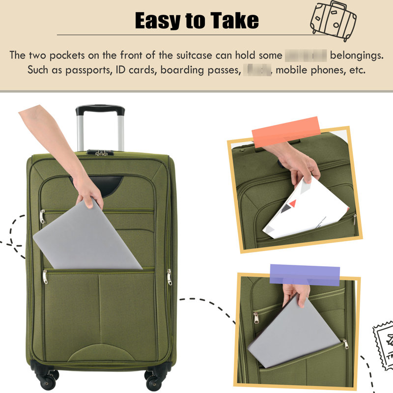 Bagages 3 pièces - extensible avec serrure de sécurité et teinture - Tissu Softshell léger, compartiments microbiens, Vert