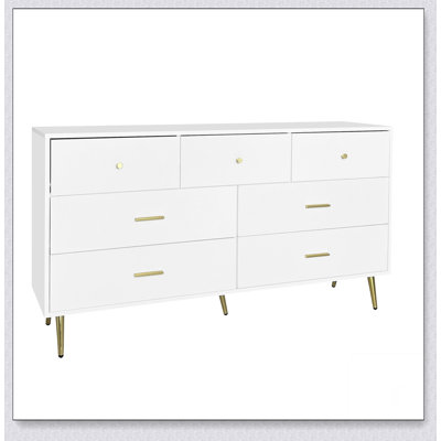 Seven Drawers Large Chest of Drawer Cabinet with Golden Handle and Golden Legs White Color