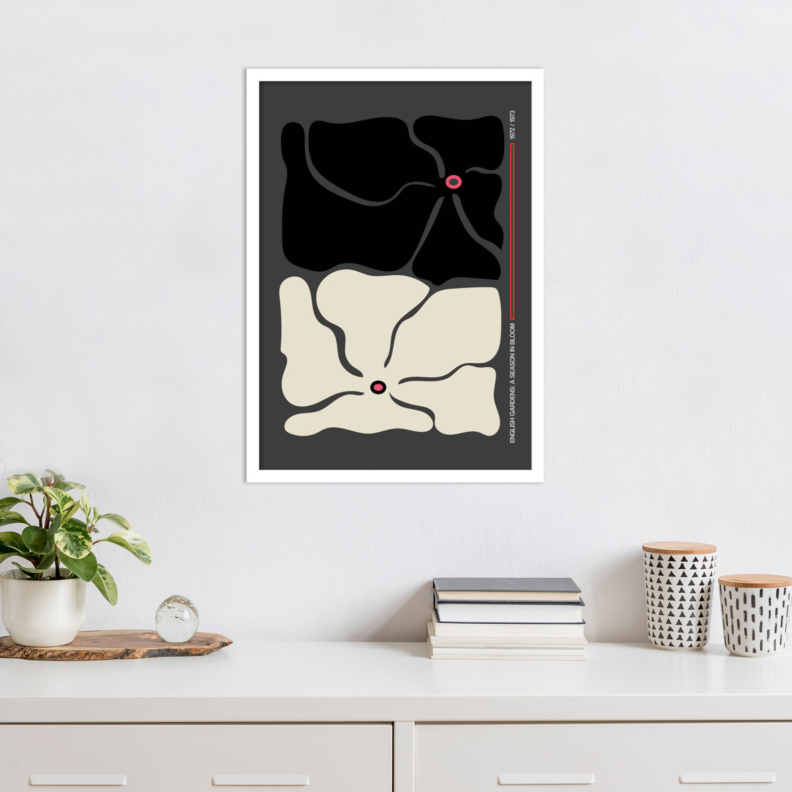 Two by Two Flower Grey Print, White, 25" H x 18" W x 1" D