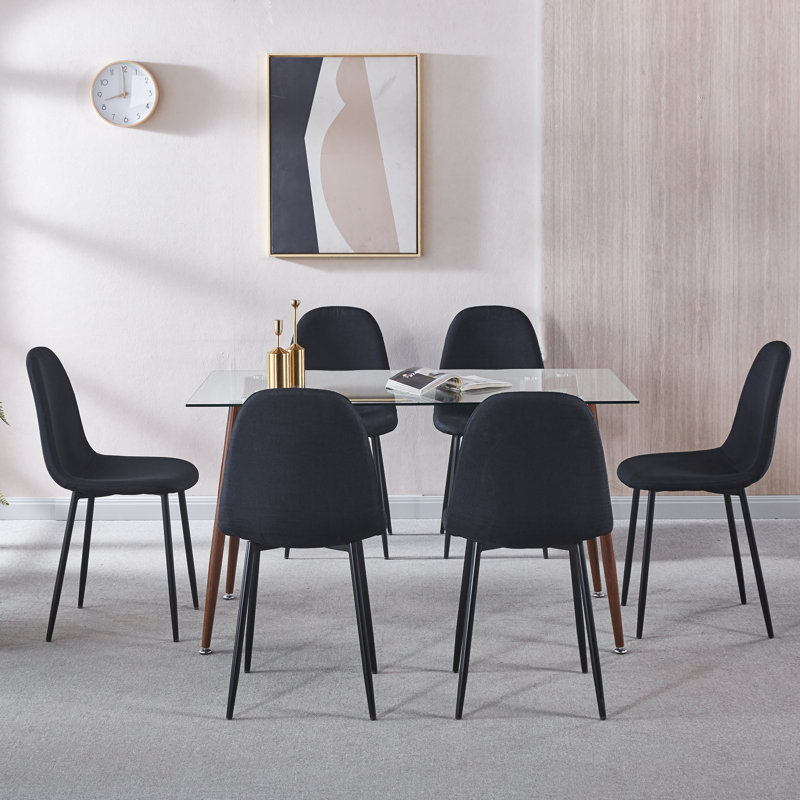 Kolina Glass Top Four Leg Dining Set, Wooden, Dark Gray, 7