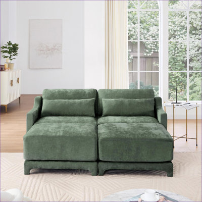 Canapés-lits | Moderne 2 places avec repose-pieds et 2 coussins lombaires, structure en bois massif, pour le salon, le coin lecture et la lecture | Chenille | Vert
