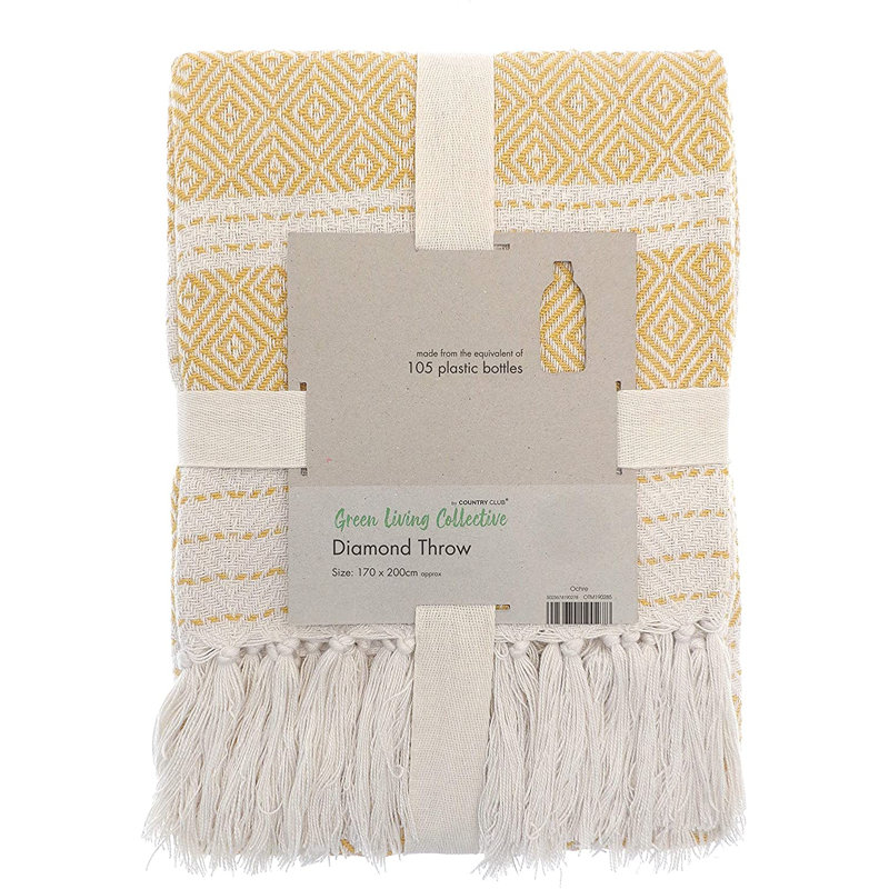 Recycled Diamond Throw Plain Weave / Muslin Throw Blanket, Ochre, W120 x L150cm