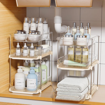 2 Pack 3-Tier Under Sink Organizers, Stackable Pull-Out Clear Cabinet Storage with Movable Dividers, Multi-Purpose Bathroom Kitchen Pantry Organizer,