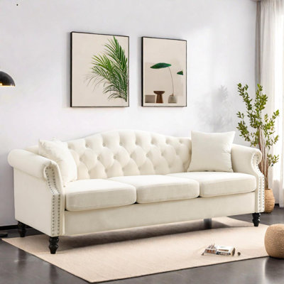 79" Chesterfield Sofa Velvet 3-Seater with Nailhead Trim and Removable Cushions