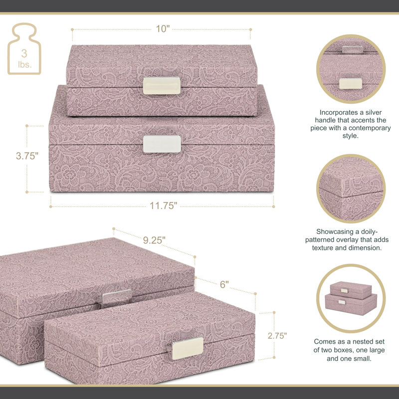 Ensemble de 2 boîtes de rangement avec poignées argentées Vyrna Doily, Mauve