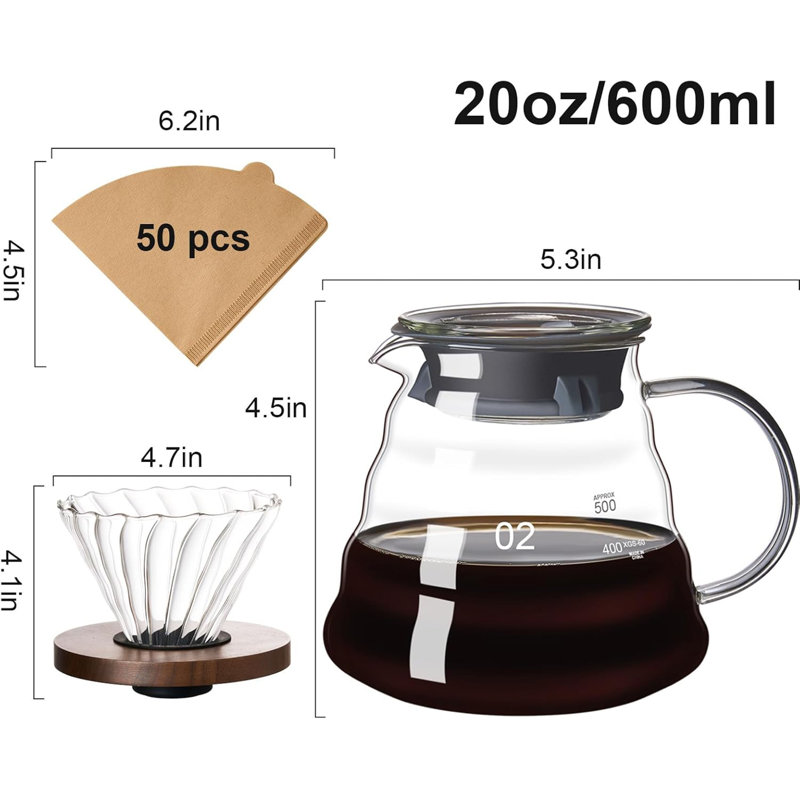 Ensemble de cafetière 20 oz en verre borosilicaté 20 oz - Base noyer avec 50 filtres V60