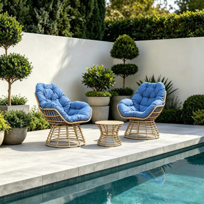 2 Piece Outdoor Wicker Swivel Chair Set with Side Table & Cushions, 360° Rotating Patio Conversation Furniture for Backyard Porch, All Weather Design, Blue