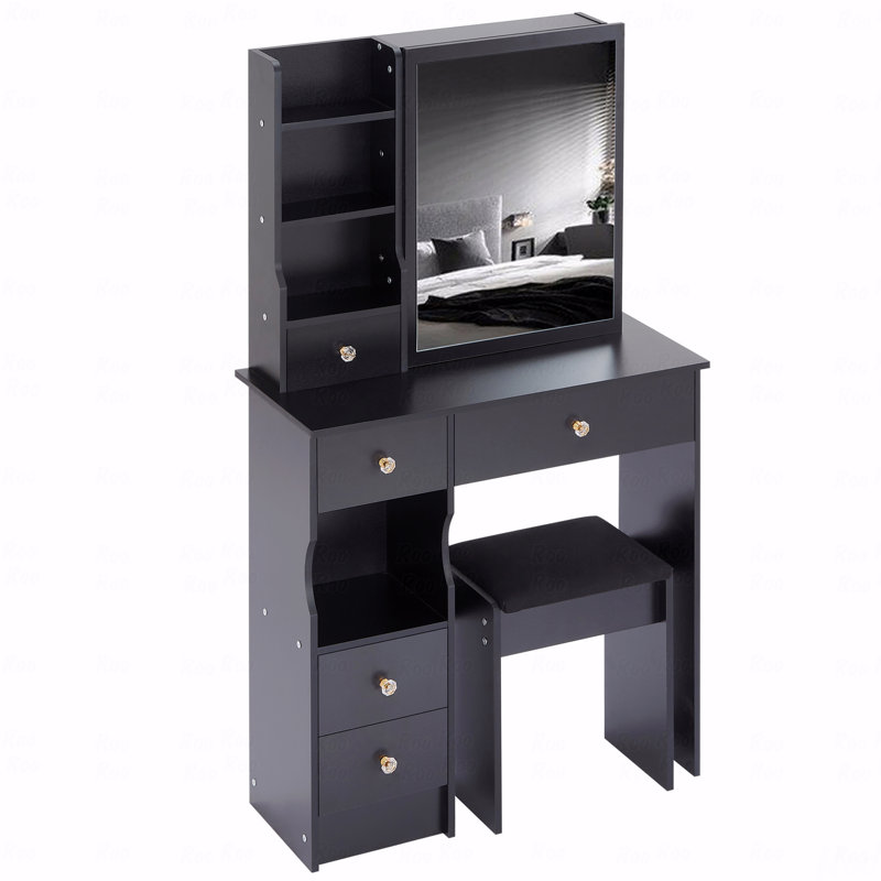 Compact Left Drawer Vanity Table With Cushioned Stool And Extra Large Sliding Mirror, Black