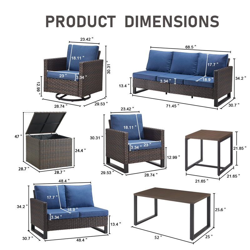 Ingvald 9 Person Outdoor Courtyard Wicker Family Conversation Set Group With Swivel Chairs And Storage, Blue