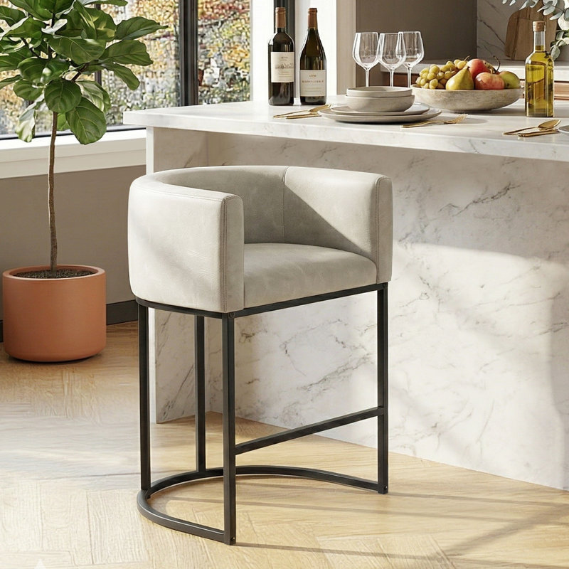 Tabouret de bar rembourré en similicuir, Blanc grisâtre