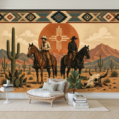 Wall Mural Peel and Stick Wallpaper Cowboys Horses Cross Southwestern Patterns Desert Landscape Self-Adhesive Removable Contact Paper Wall Decor for Living Room Bedroom 100"H x 144"W