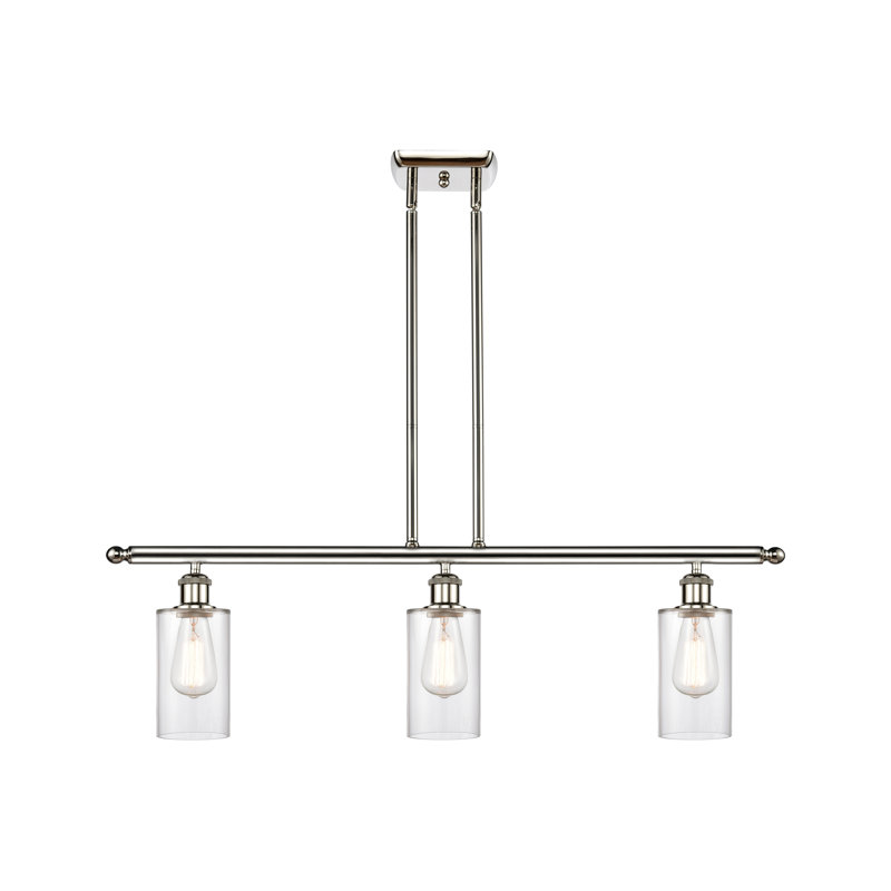 Lustre cylindrique à 3 lumières pour îlot de cuisine Glessite, Transparent, Nickel poli, Ampoule non incluse