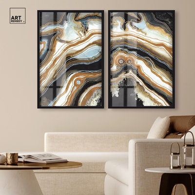 Black and Gold Abstract Shadowbox Print Geode Wall Decor Set by Art Remedy, Blonde Frame, 20 x 30