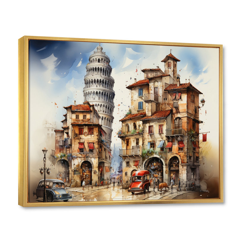 Italy Leaning Tower Magic - Italy Canvas Art Print, H 12 po x l 20 po x P 1 po, Cadre flottant doré