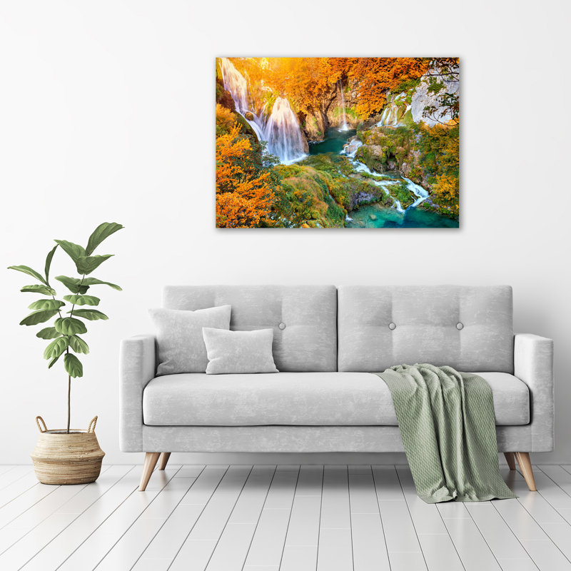 Waterfall In Autumn - No Frame Print on Canvas