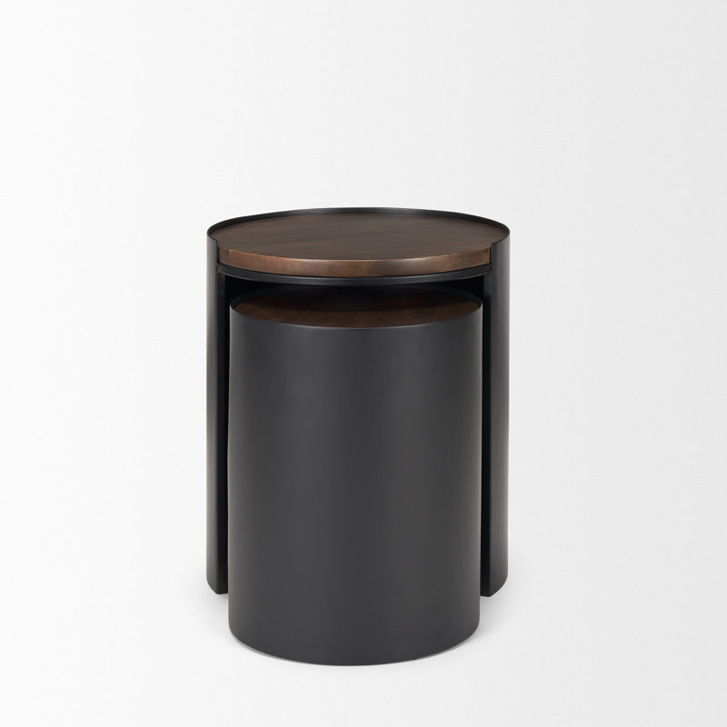 Tables d'appoint gigognes Sola avec bases en métal noir mat et plateau brun moyen