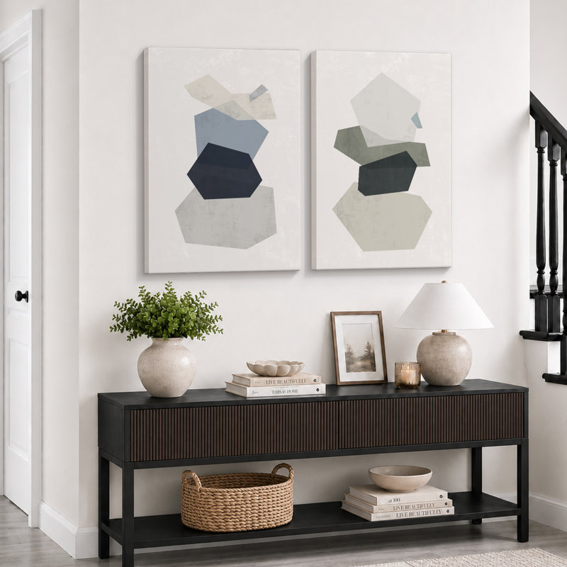 Mid-Century, formes géométriques pastel bleues et vertes, formes abstraites modernes sur toile, 2 pièces, Toile tendue