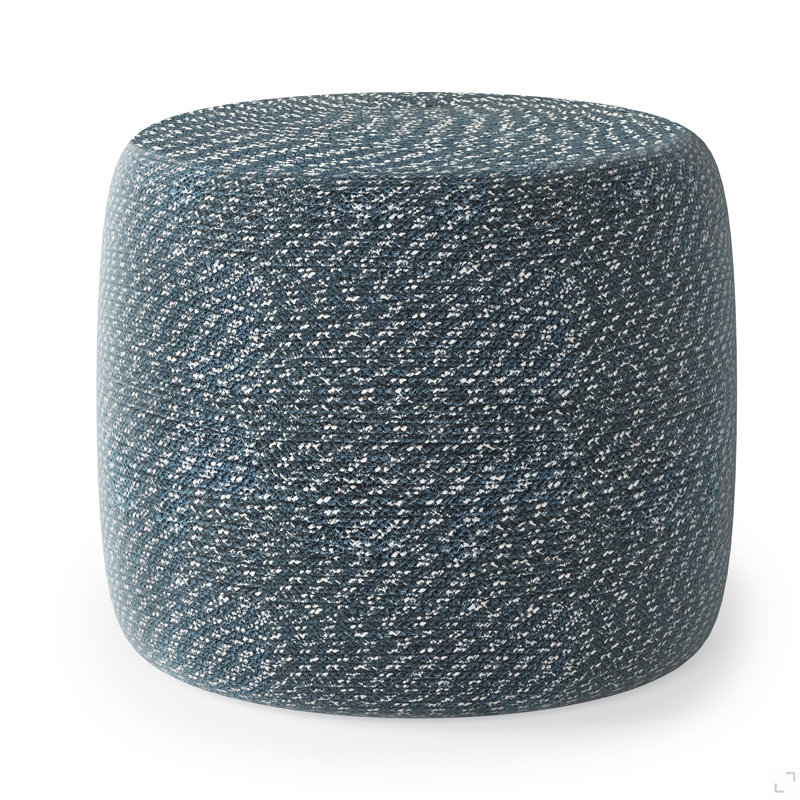 20 Inch Wide Round Pouf In Aegean Blue And Natural Braided Cotton, Gray