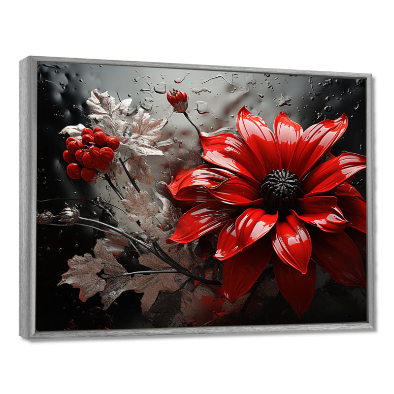 «Red Grey Botanical Symphony II», art mural botanique abstrait, H 24 po x l 32 po x P 1 po, Encadrement argenté