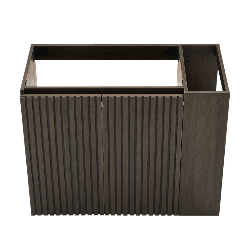 36" Walnut And Black Wall - Mounted Floating Bathroom Vanity, Pre Assembled, Four Soft Drawers, E1 Grade Particle Board, E0 Lacquer, Hidden Handle, U Shaped Drainage, 4.7 Inch Sink, Eu Standards