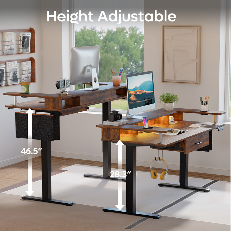 58 In. Rectangular LED Standing Desk With Monitor Stand , Office Desks with Ajustable Height ,Drawer and Cup Holders