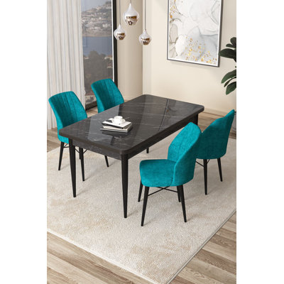 Ensemble de table et chaises de salle à manger moderne 5 pièces, marbre noir et turquoise | Table: 43,3 po x 29,9 po x 27,6 po | Chaises: 17,7 po x 35,4 po x 16,5 po | Panneau de particules 100% mélaminé, structure en métal, pieds en bois, rembourrage en mousse confortable