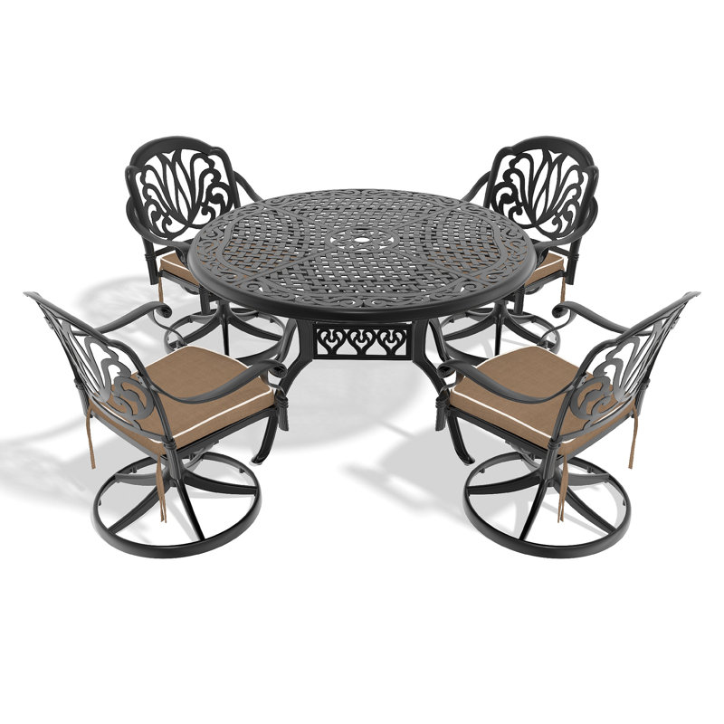 Ensemble de salle à manger 5 pièces en aluminium coulé résistant aux intempéries, comprenant 4 chaises pivotantes et une table ronde de 48,03 po avec cadre noir