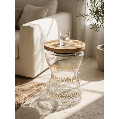 11x15" Glass Side Table with Wood Top, Round Accent Table with Hand-Painted Base, Modern Tropical Accent Table