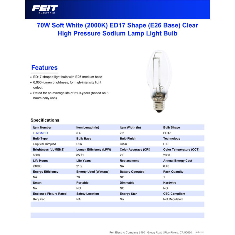 Ampoule HID 70 W Fe17 Feit, blanc doux, 6000 lm, paquet de 1