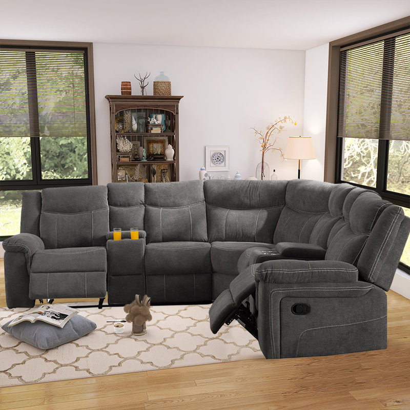 Akul 107.5" Wide Reclining Corner Sectional, Charcoal 100% Polyester