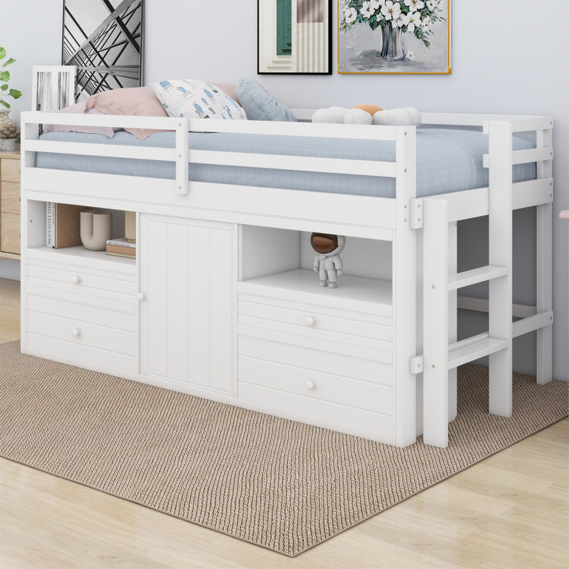 Loft Bed with Drawers, Cabinet and Shelves, White